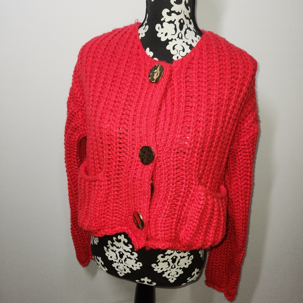 Red Cropped Chunky Cardigan